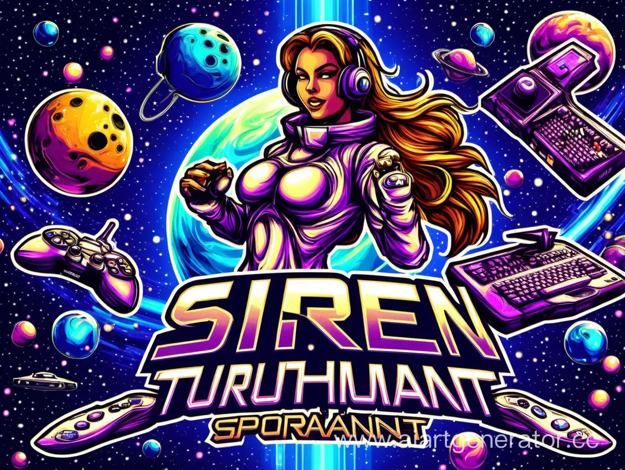 плакат с сирином и геймпадом в космосе, надпись киберспортивный турнир