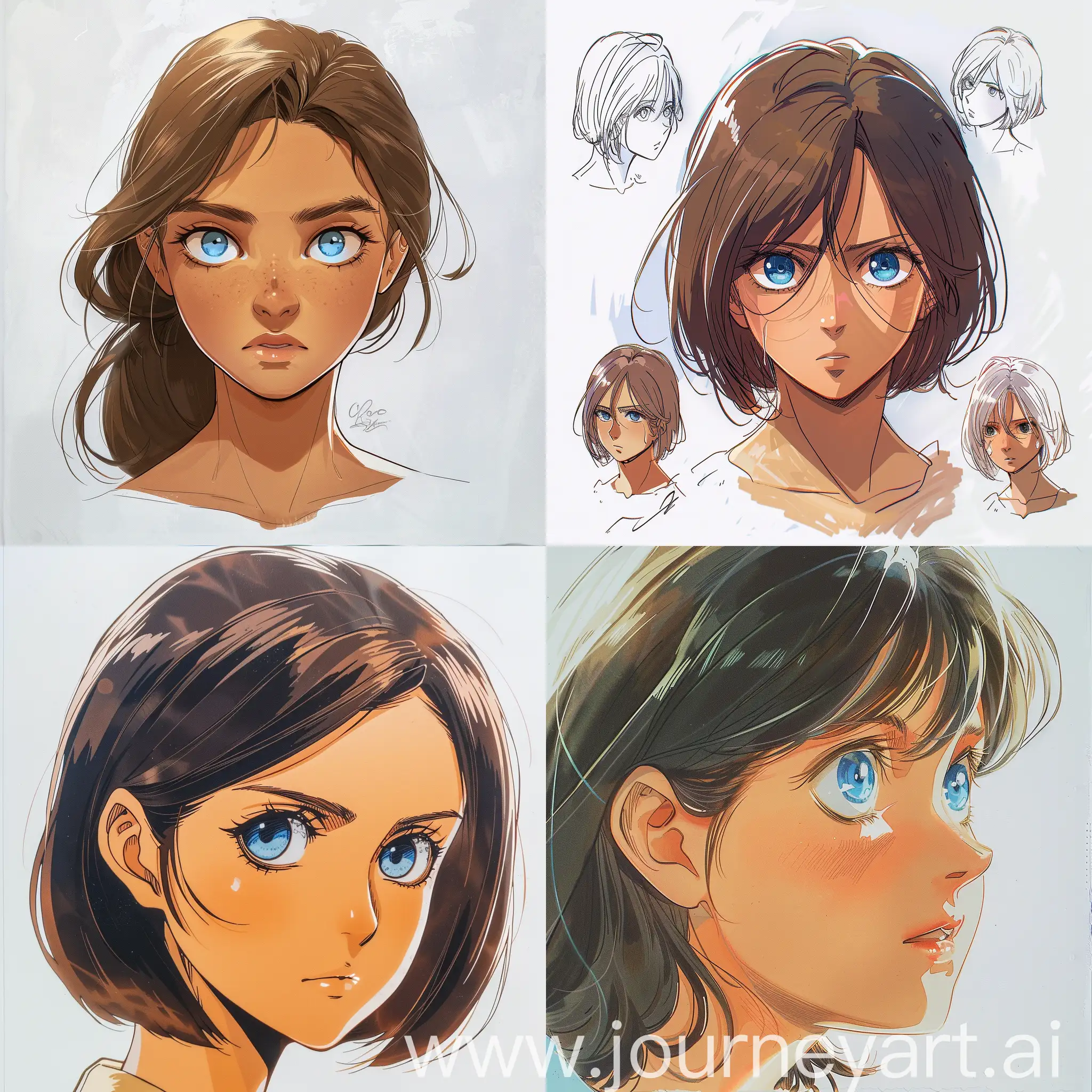 Beautiful young brunette girl, tan skin, blue eyes, head, muted pastel colors, close up character design, concept design sheet, white background, detailed, retro style, attack on titan