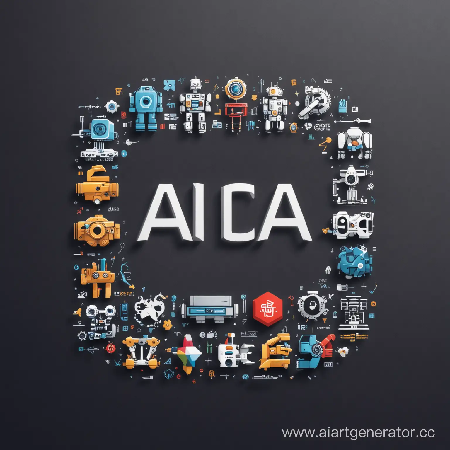Логотип, где каждая буква "AICAN" представлена в виде различных иконок, символизирующих разнообразные области и технологии, такие как робототехника, программирование, искусственный интеллект и т. д., чтобы подчеркнуть широкий спектр карьерных возможностей в мире хайтек.

