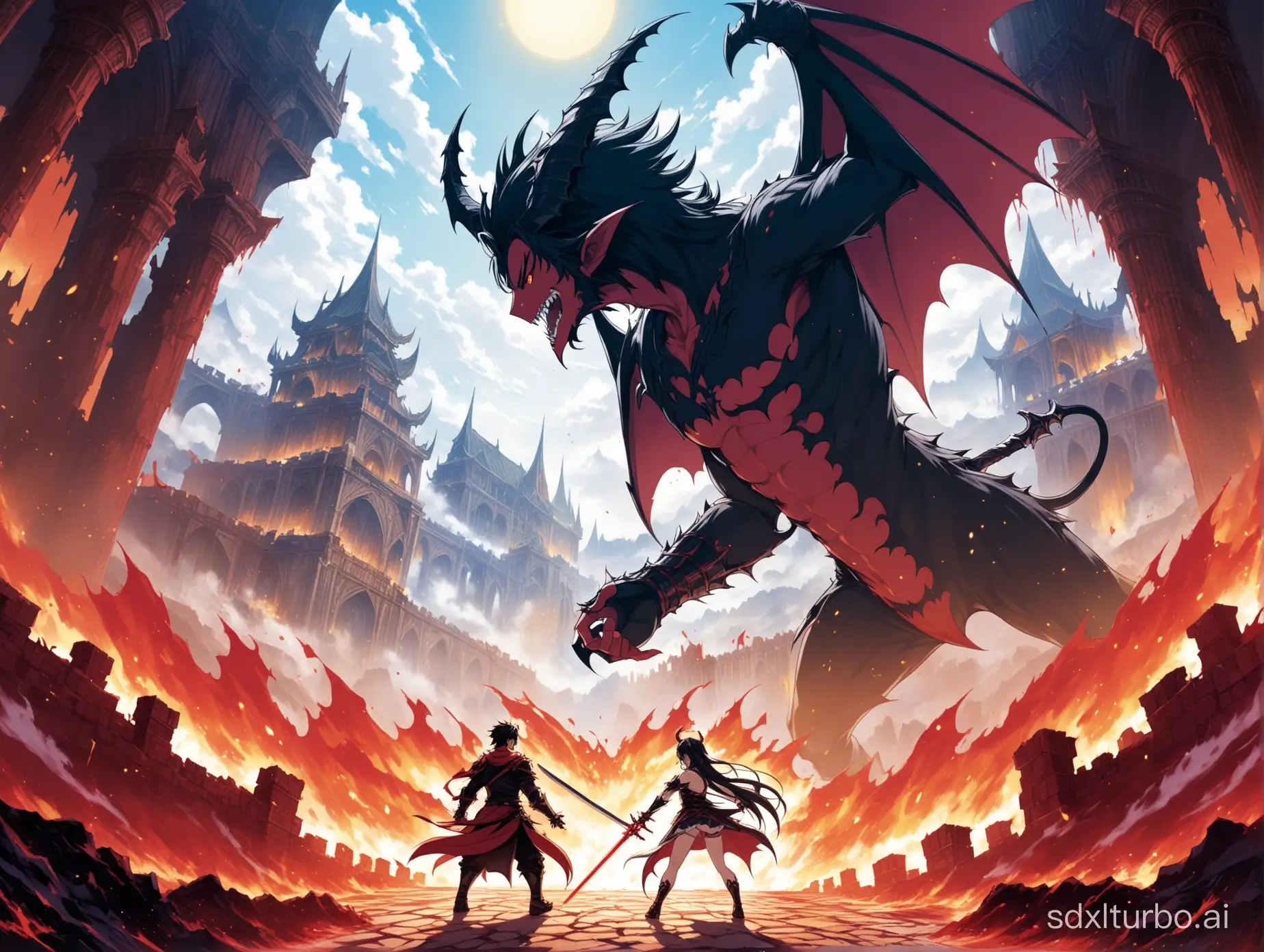 In a different world environment, the male protagonist battles the female demon king. The surroundings are the collapsed demon king's palace, and nearby the male protagonist are reliable teammates.