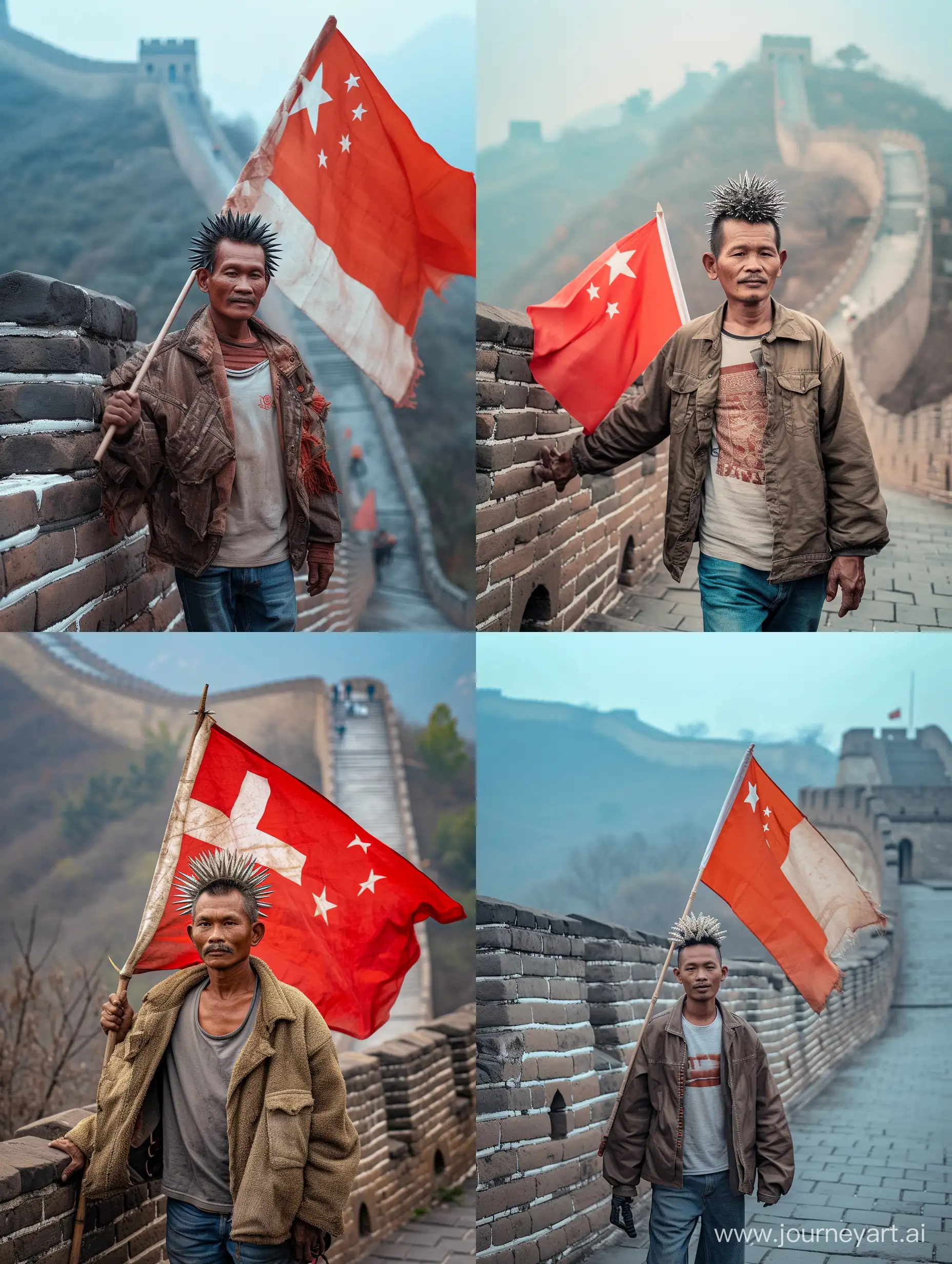 Javanese-Tukang-Becak-Man-Poses-Proudly-on-Great-Wall-of-China-with-Indonesian-Flag