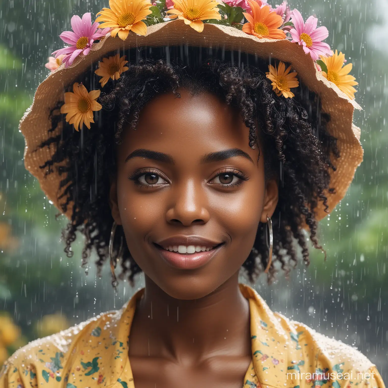 CREATE AN AI IMAGE OF A BLACK LADY NAMED APRIL WHO IS FOREVER YOUNG, Mischievous, Adventurous, Free-spirited  AND WHO Likes Rainy Days, Environmental stability, Flowers Surprise AND Parties