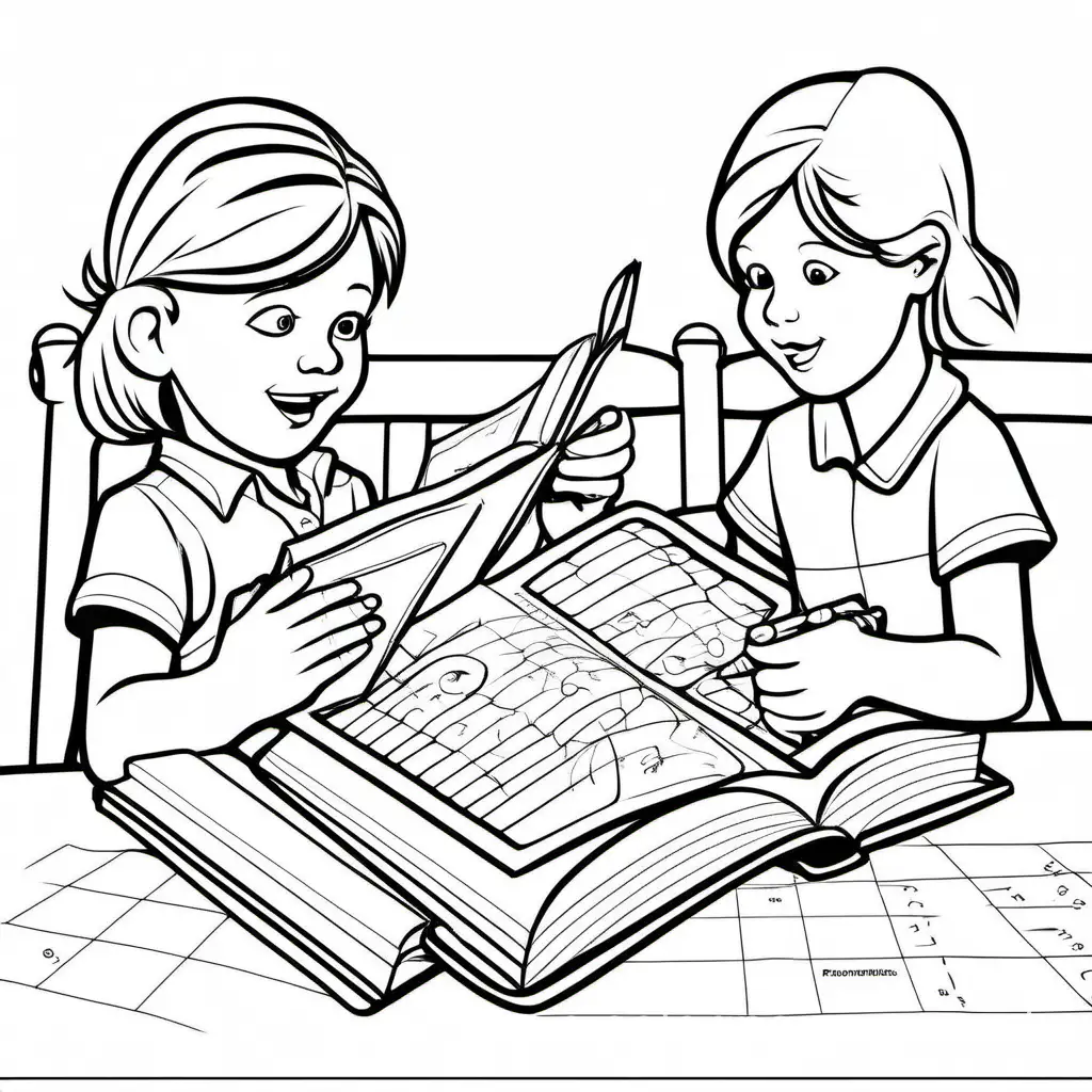 Children reading book. Solving mathematical problems, Coloring Page, black and white, line art, white background, Simplicity, Ample White Space. The background of the coloring page is plain white to make it easy for young children to color within the lines. The outlines of all the subjects are easy to distinguish, making it simple for kids to color without too much difficulty