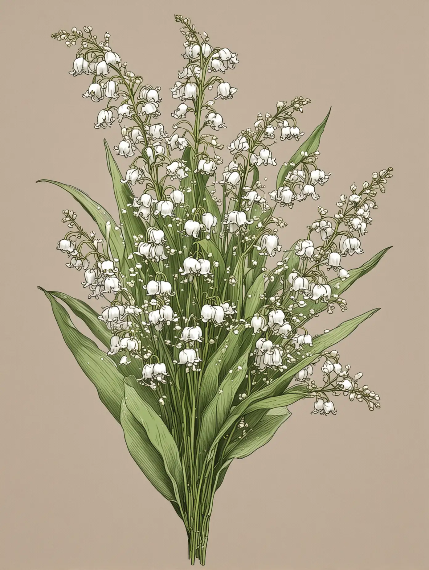 simple color line drawing of 1 bunch of lily of the valley flowers in the style of Audubon