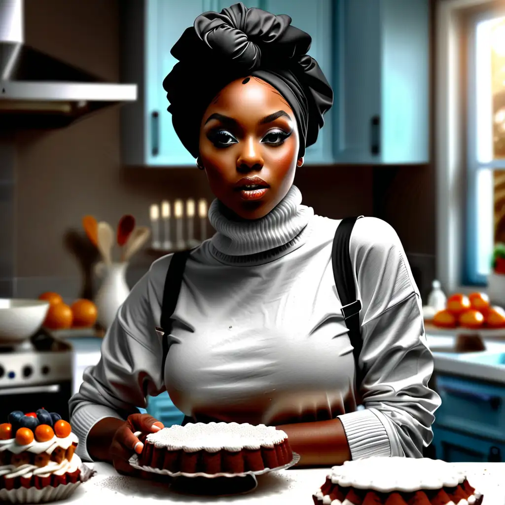 Elegant Black Woman Baking Cakes in Turtleneck Shirt and Headwrap