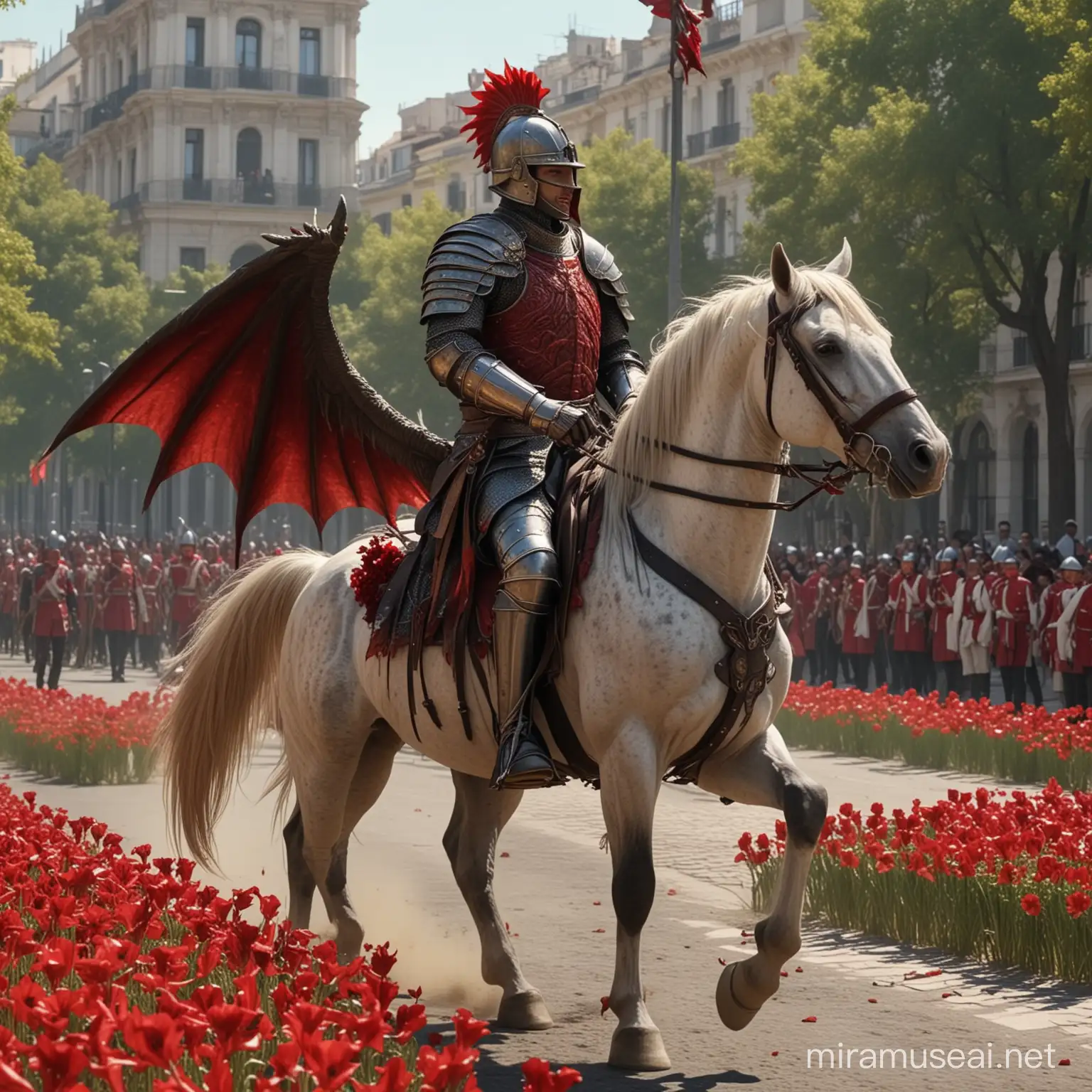 Make a gotic style knight with red dragon wings in hes back in a horse marchng with 20 more solders thru madrid while the peopleis trowing flowers at him and hes solders because they are the heros of the country, 
4k photo, ultrarealistic