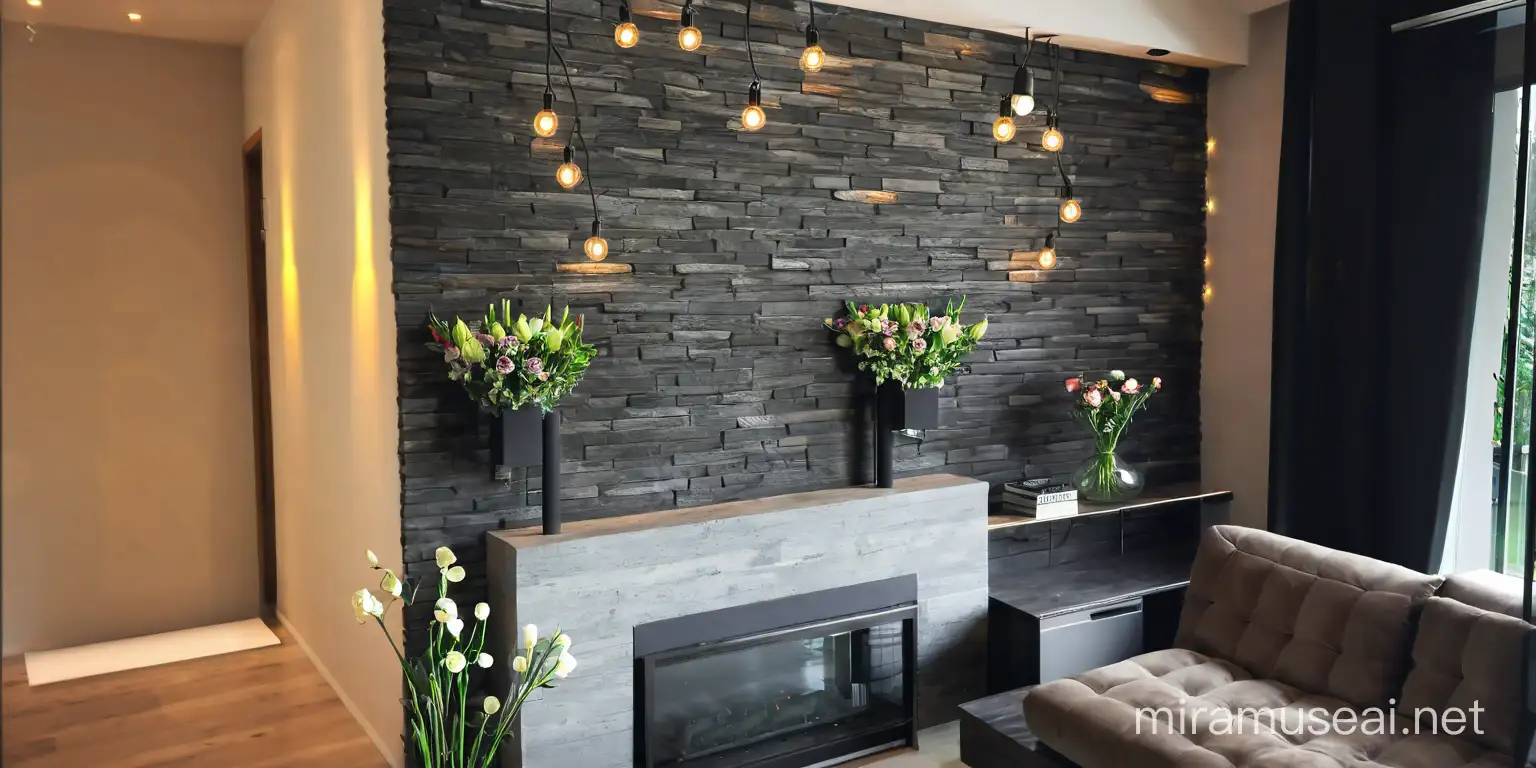 modern living room with lights and flowers 