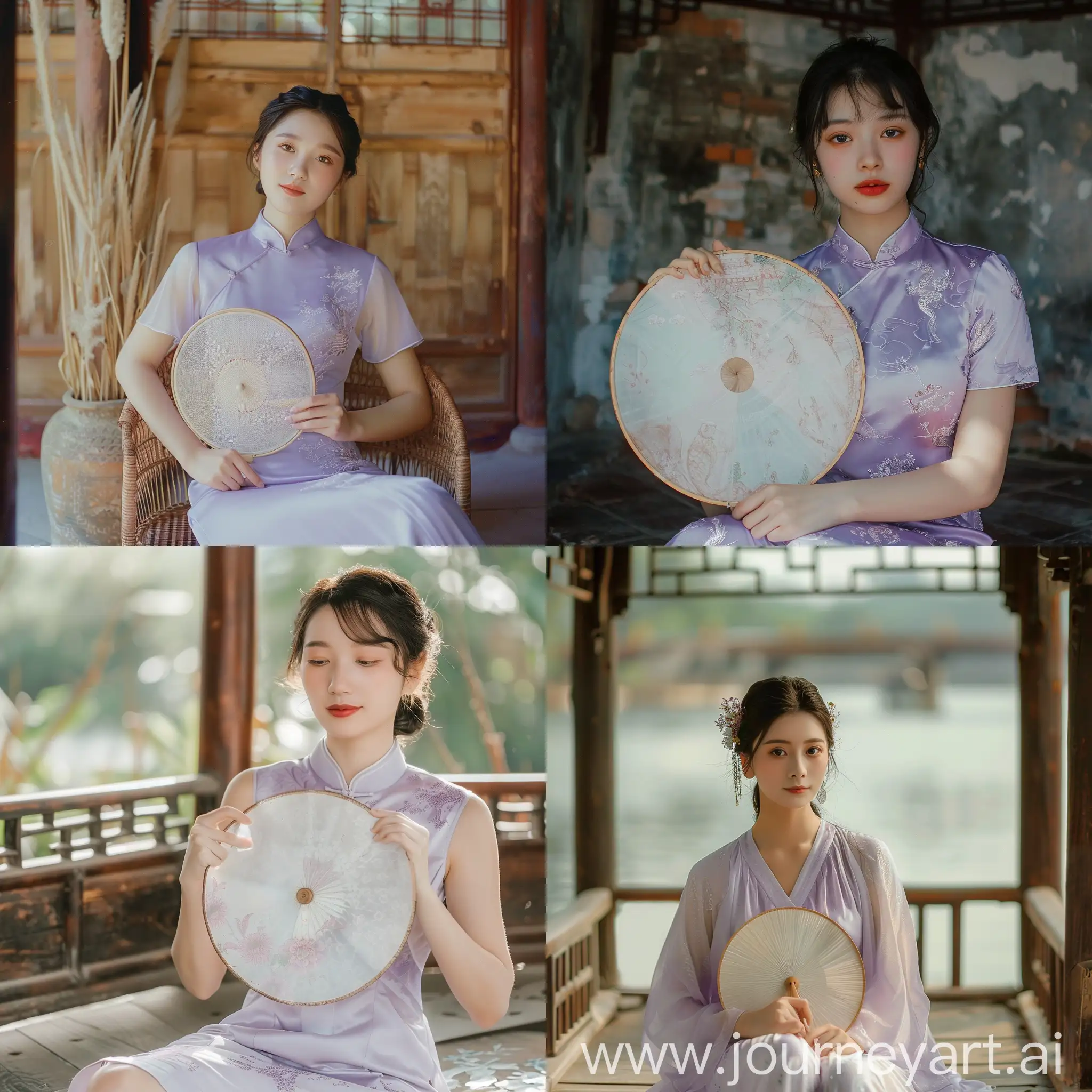 一位身着淡紫色旗袍的江南水乡的女子，坐在庭阁中，手持圆扇。脸上慵懒妩媚

