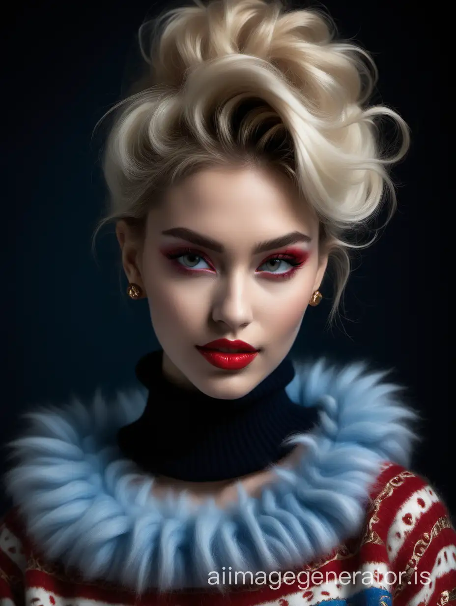 ❤. 

seductive girl, white-blue-red tricolor, fluffy angora sweater, tails, baroque style, in the style of Dolce Gabbana, aesthetics of the female body, plump lips, choker on the neck, neckline, voluminous bust, joyful smile, bright lipstick + bright shiny makeup, brown eyes, patterns on the face, high hairstyle, standing, focus on the eyes, smoke eyes, professional fashion photo, triple exposure