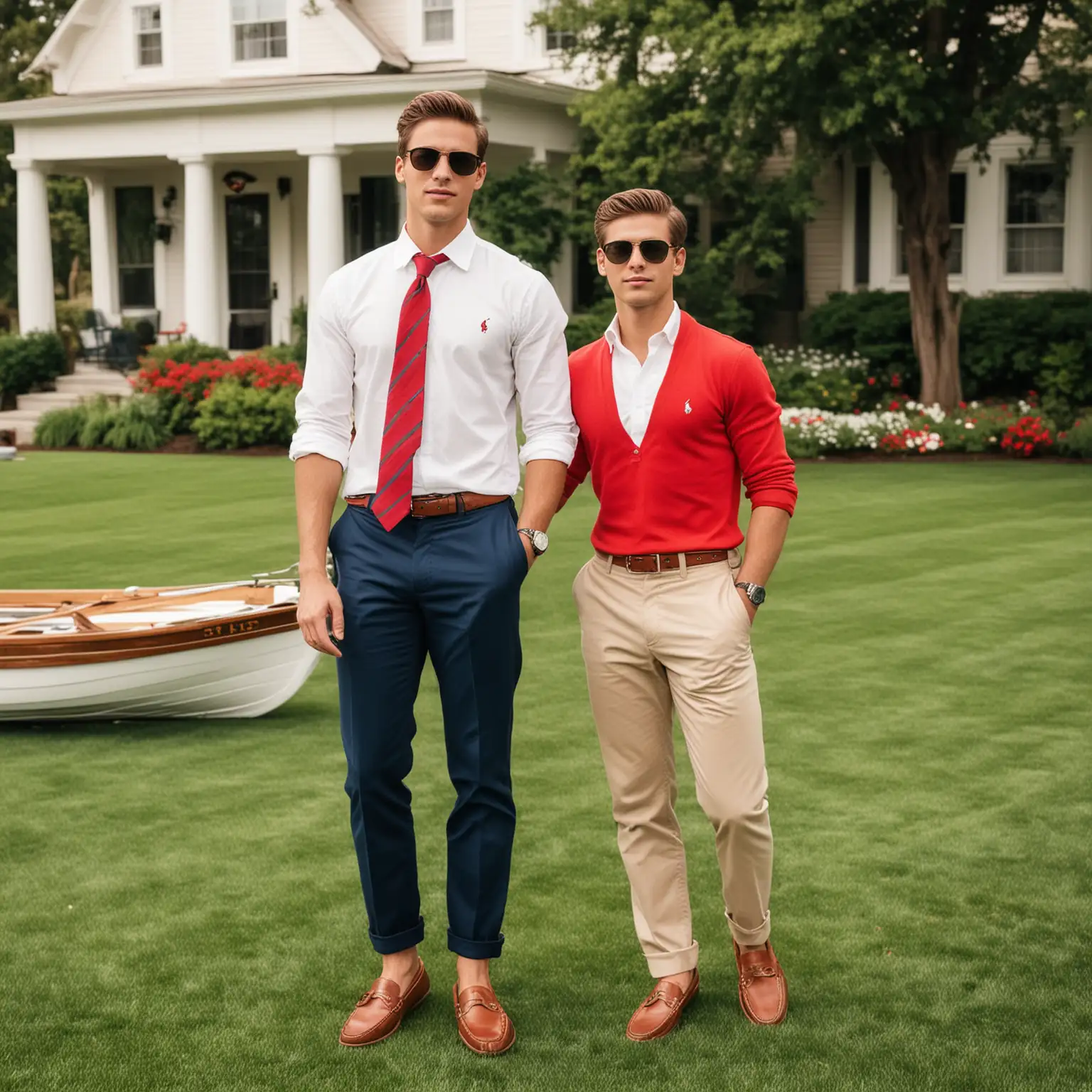Young gorgeous man, preppy style, Ralph lauren style, aviator sunglasses, red tie, boat shoes, standing in front of a lawn.