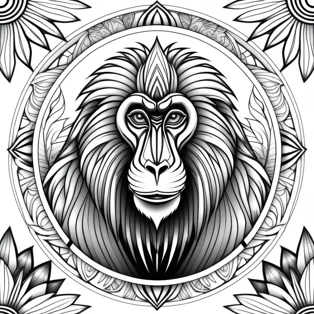 coloring page for adults, mandala, jungle image (Mandrill), white background, clean line art, fine line art--HD--AR 2:3