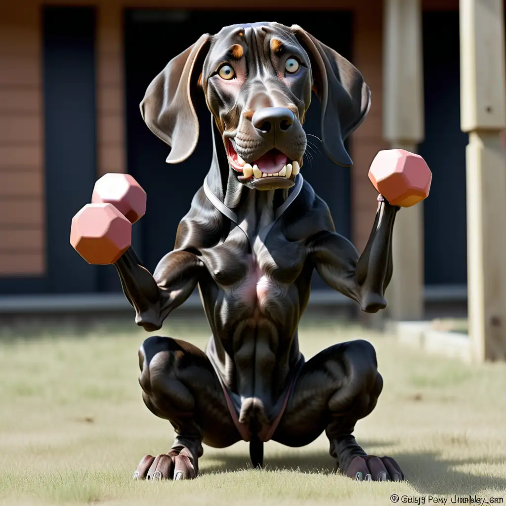 all black plott hound, holding dumbell in mouth while squatting, front paws in the air, back paws on the ground, as if begging


