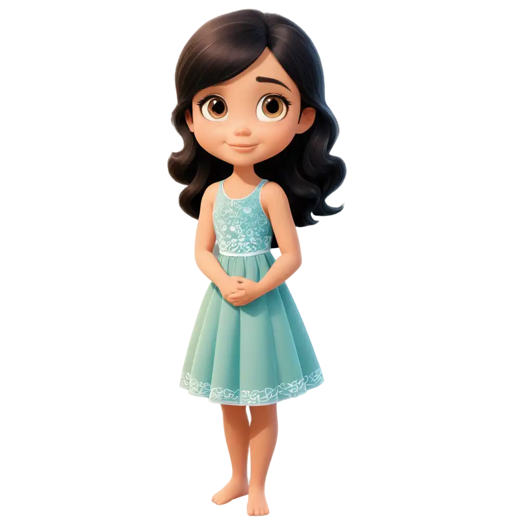 Cartoon for kids book of a beautiful little girl with black hair and light brown eyes, light skin, innocent looking, wearing a dress and no shoes, her dress looks like from 70"s