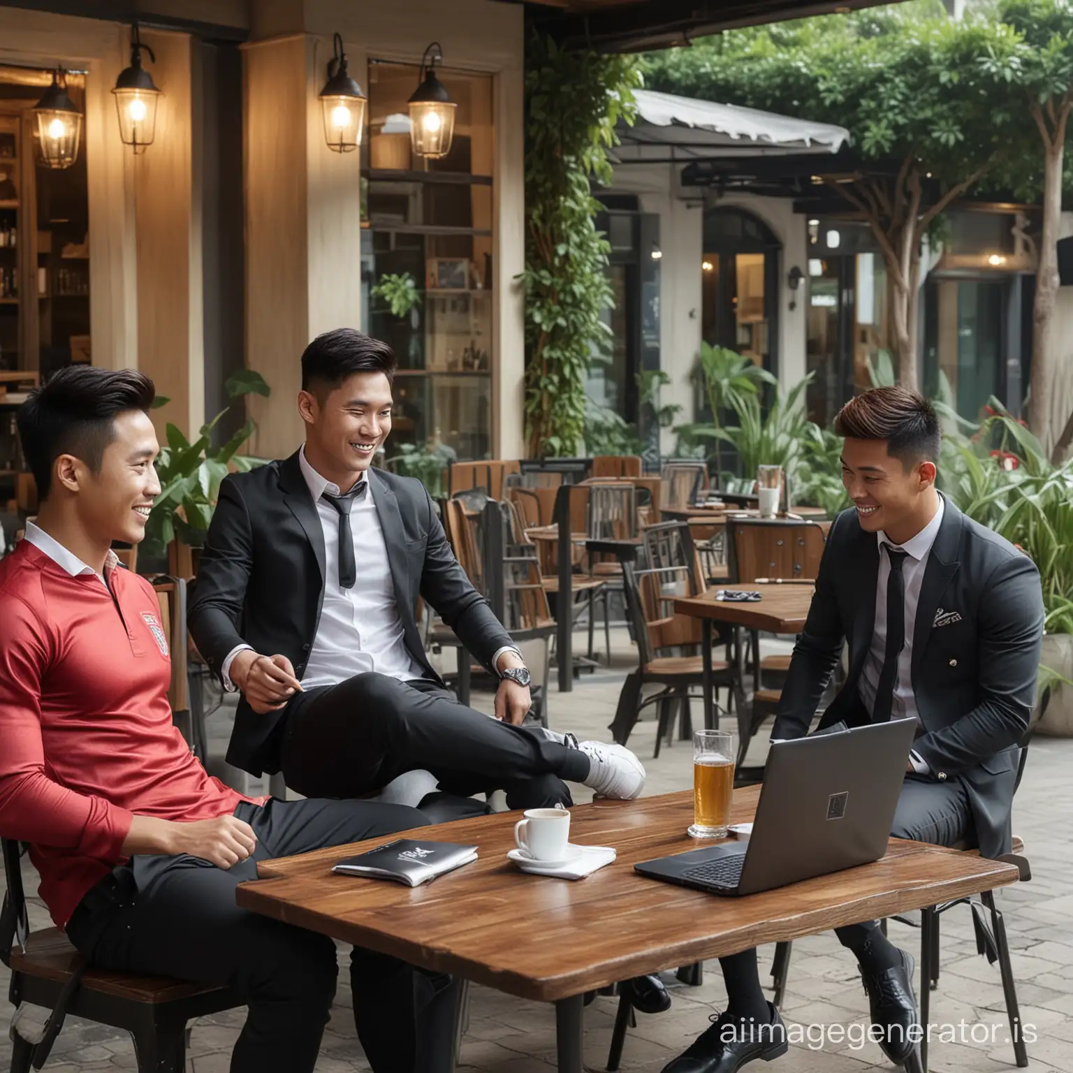 handsome Indonesian Korean man (35), wearing formal clothes with shiny black shoes, sitting relaxed in a chair at a table, accompanied by world football players; Leonel Messi, Neymar and Cristiano Ronaldo. they are joking, there is a laptop on the table, outdoor cafe background, cinematic, very detailed, ultra HD, sharp focus, realistic photography