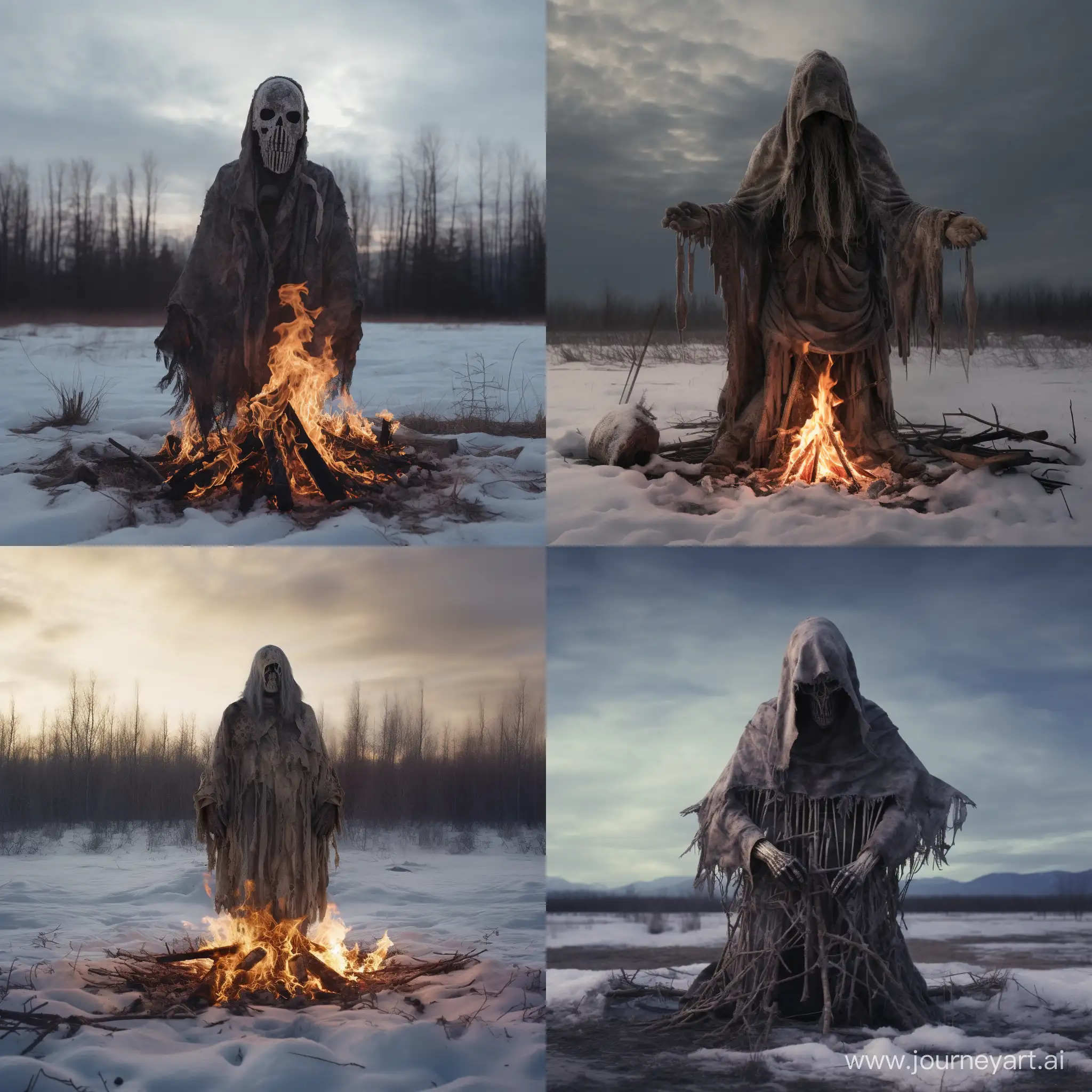 Yakutia, Russia, empty winter field, snow, in the middle of the field stands a shaman in front of a fire, hands to the sides, strips of fabric hanging from the sleeves, clothes made of torn fabric, head raised to the sky, on the head a helmet made of an old skull, hood, hyper-realism, 8K image quality, ultra detail 