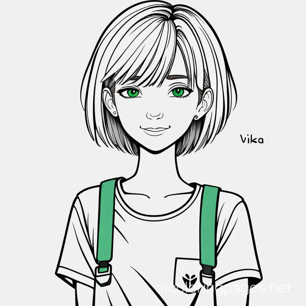 Her name is Vika. She has light-brown hair. Short haircut. Her face is pale, almost always cheerful. When she is offended or in a bad mood, the smile disappears from her face. Green eyes, expressive. Long, fluffy eyelashes. She is of medium height. Slender. She goes to work in sportswear, but sometimes wears a business suit. At home, she wears sport pants and a T-shirt. My sister has a lot of sports shoes, pants, T-shirts, and tops, which she often changes., Coloring Page, black and white, line art, white background, Simplicity, Ample White Space. The background of the coloring page is plain white to make it easy for young children to color within the lines. The outlines of all the subjects are easy to distinguish, making it simple for kids to color without too much difficulty