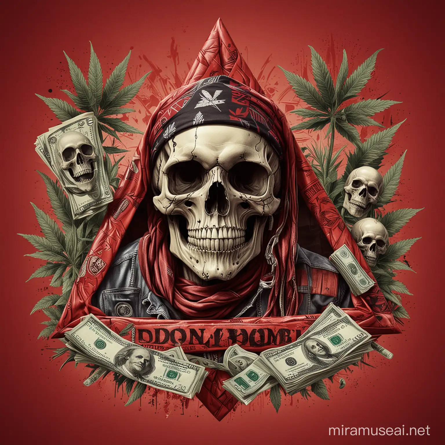 A highly professional and detailed design with the text 'dope mode' and '24', featuring a skull, money bill, bandana, skull fingers, cannabis leaf and related elements. no background , a stylish red abstract triangle created from snaked over the design