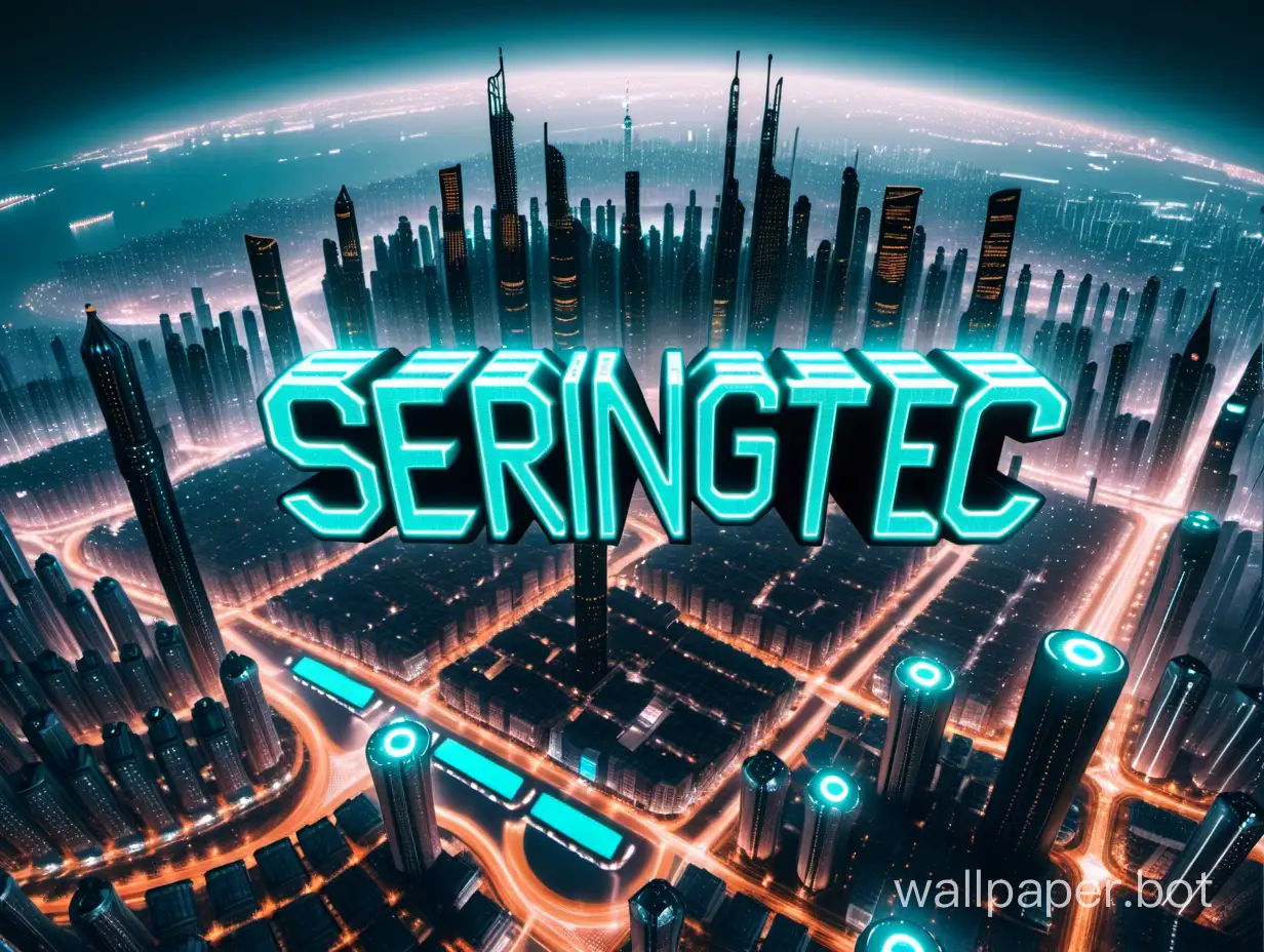 word "SERINGTEC" with cyber punk  engineering devices, buildings and cities