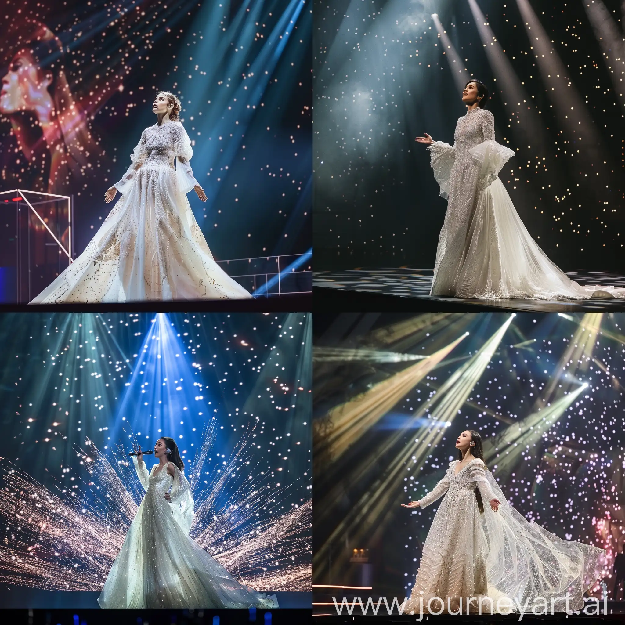 Девушка в невероятном белом платье стоит на сцене Евровидения и поёт
