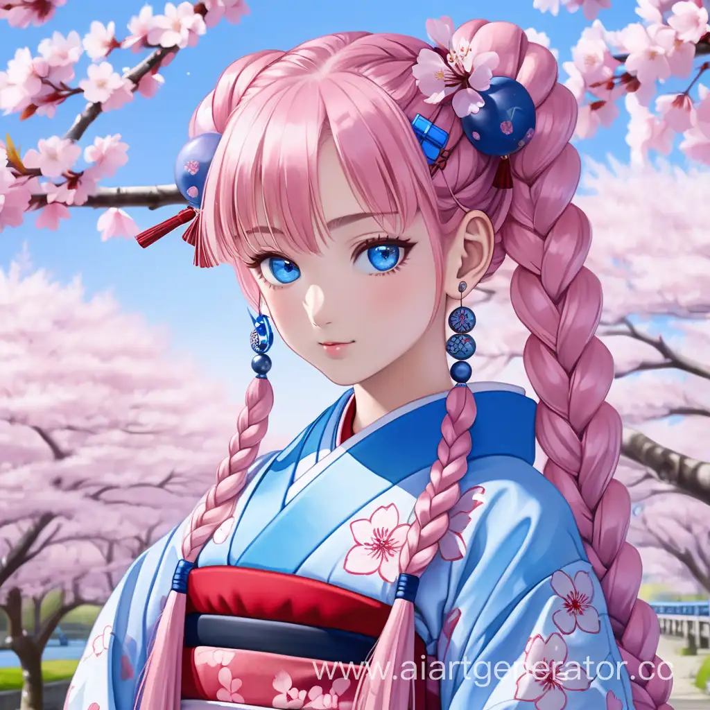A girl with long pink braids, blue eyes, and earrings shaped like two cherries, standing in a typical Japanese outfit by the cherry blossom.