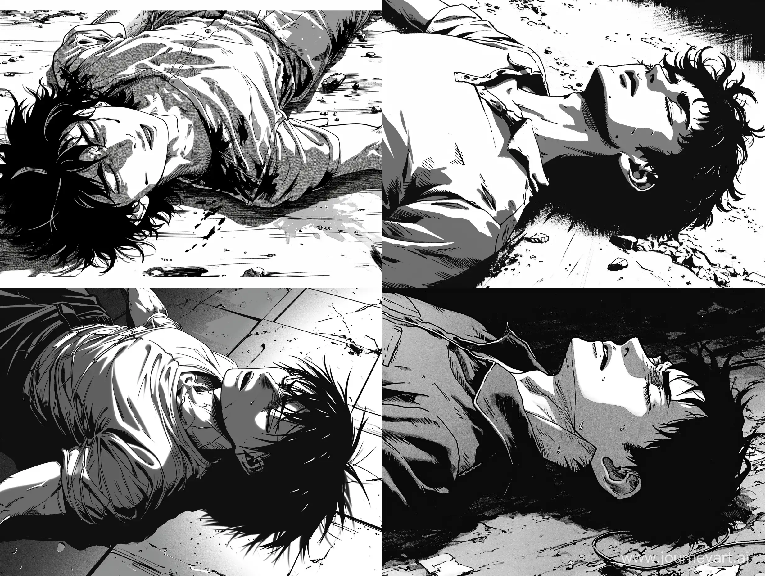 a manga panel, best quality, a man lying on the ground, ground shot, his eyes are closed because of the pain --v 6 --ar 4:3 --q 2
