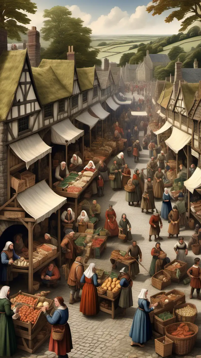 A lively depiction of a medieval Welsh market, with people trading goods, including a family with the Davis name, to represent the economic and social aspects of the surname's history
