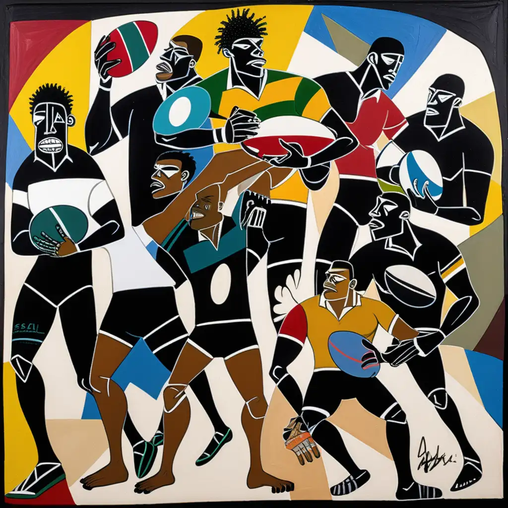 Guernica  les rugbyman all black avec un ballon de rugby  style  basquiat et picasso multicolore 