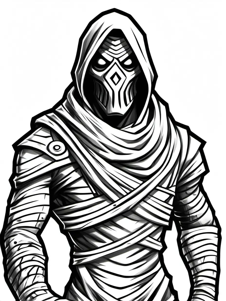 fortnite type supervillain in mummy style. For coloring book. Thick outlines. Black and white. No shading. White background.