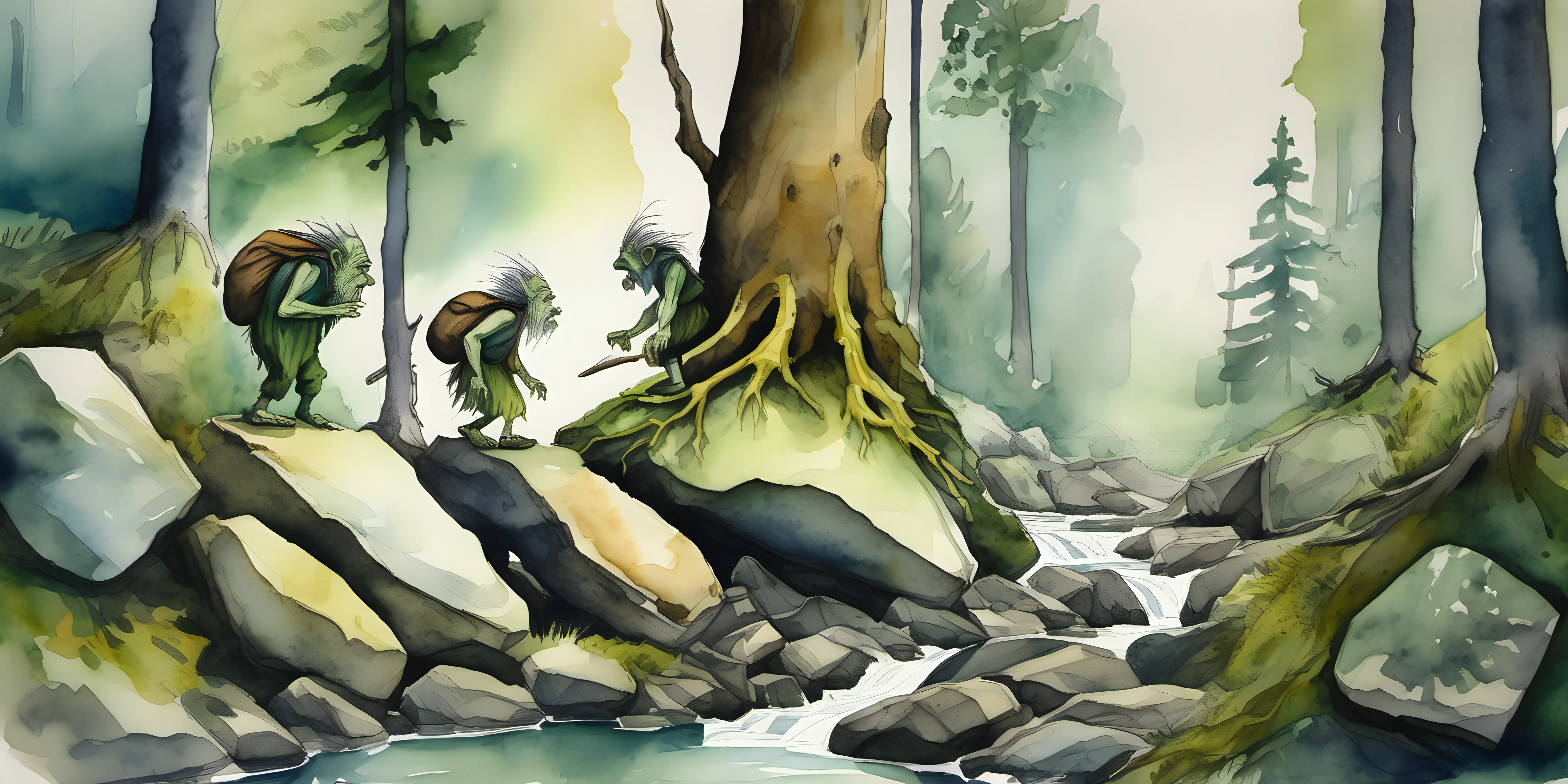 watercolour painting of  two folklore trolls in Norway  in ancient green pine tree forest with huge boulders & a stream