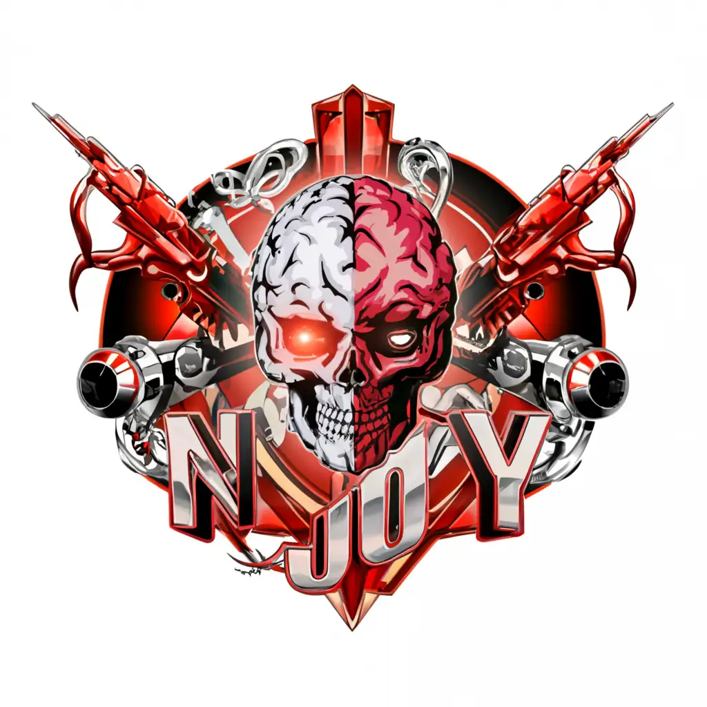 a logo design, with the text N-Joy, main symbol: aibrain, skull, headshot, weapons 

background space dark