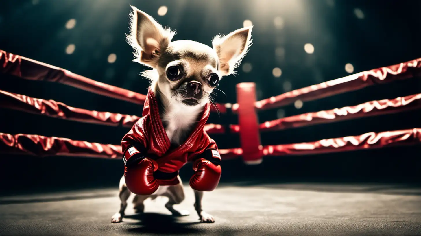 a cute little chihuahua who is dressed like a boxing fighter is in the ring fighting like a boxing champ