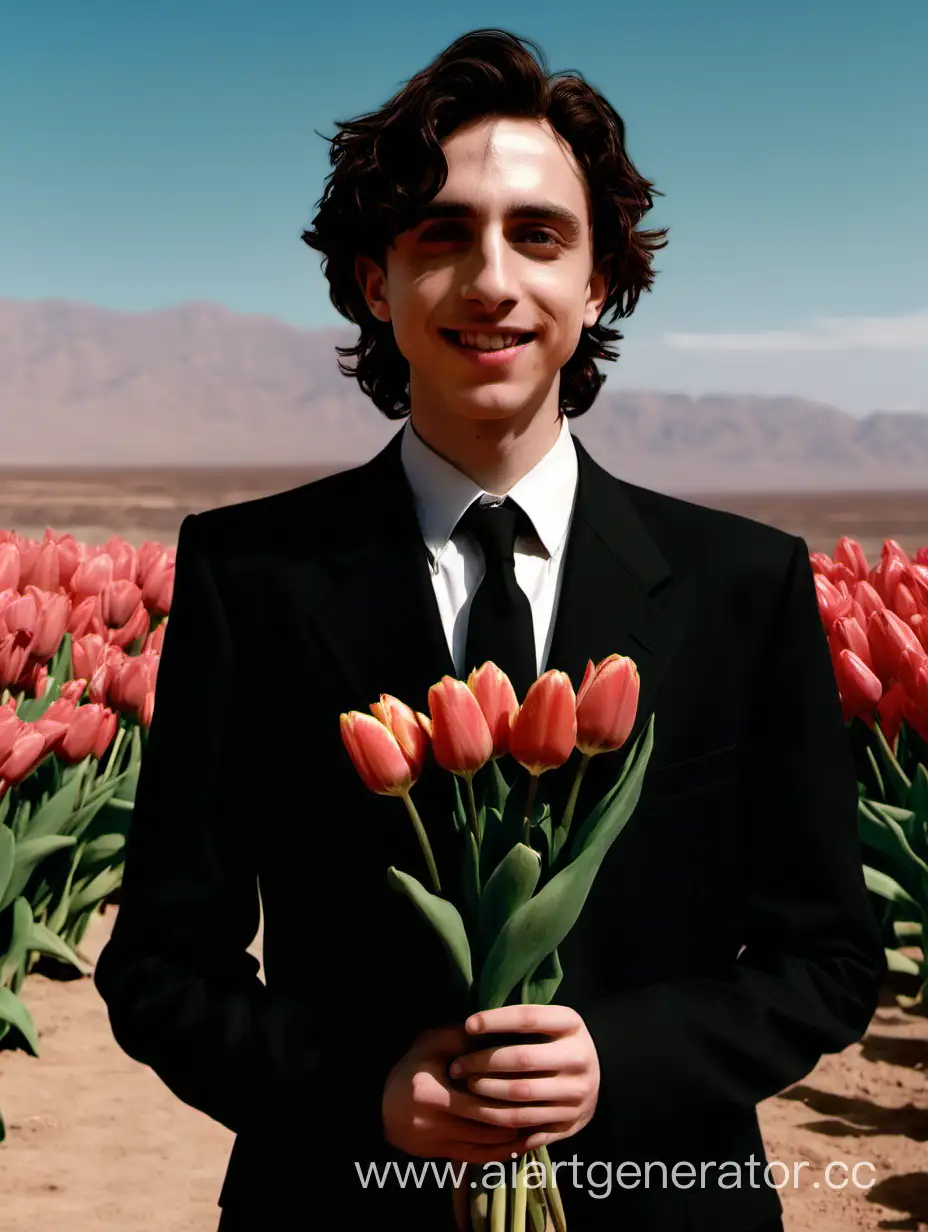 Пол Атрейдес стоит в костюме, с лицом Тимоти Шаламе, улыбается, держит в руках тюльпаны, на фоне пустыни