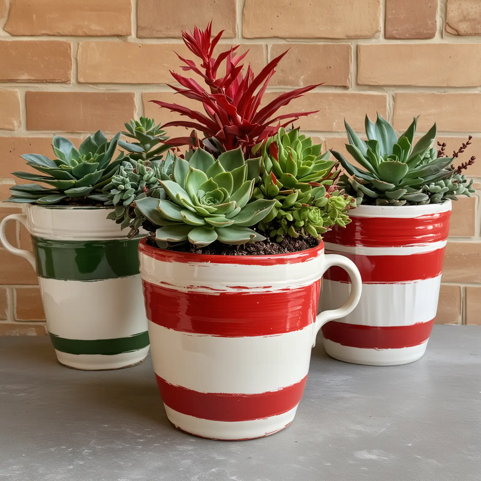 very large traditional looking coffee cup shapes used as a vase, painted in solid red, white and green colors, and each has a succulent plant for a simple centerpiece