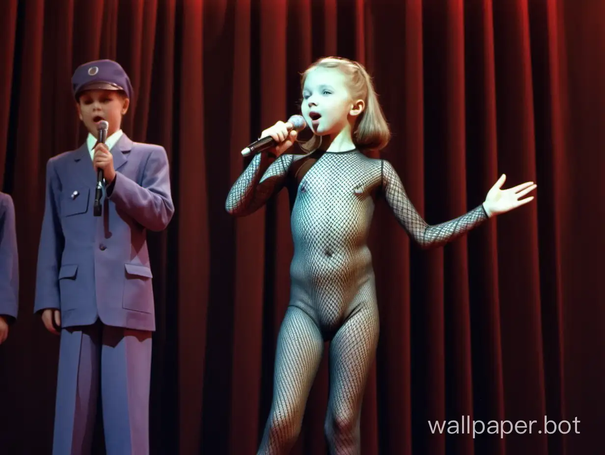 Soviet girl, 12 years old, in a bodystocking with the inscription USSR, sings on stage.