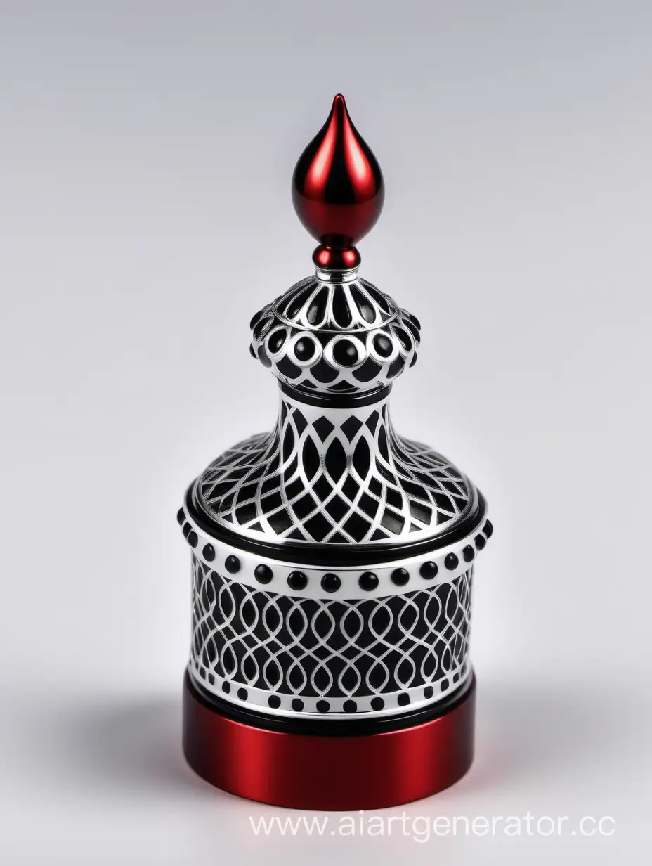 Zamac Perfume decorative ornamental long cap, pearl white black color with matt RED WHITE border line with dots in middle arabesque pattern shaped | metallizing finish