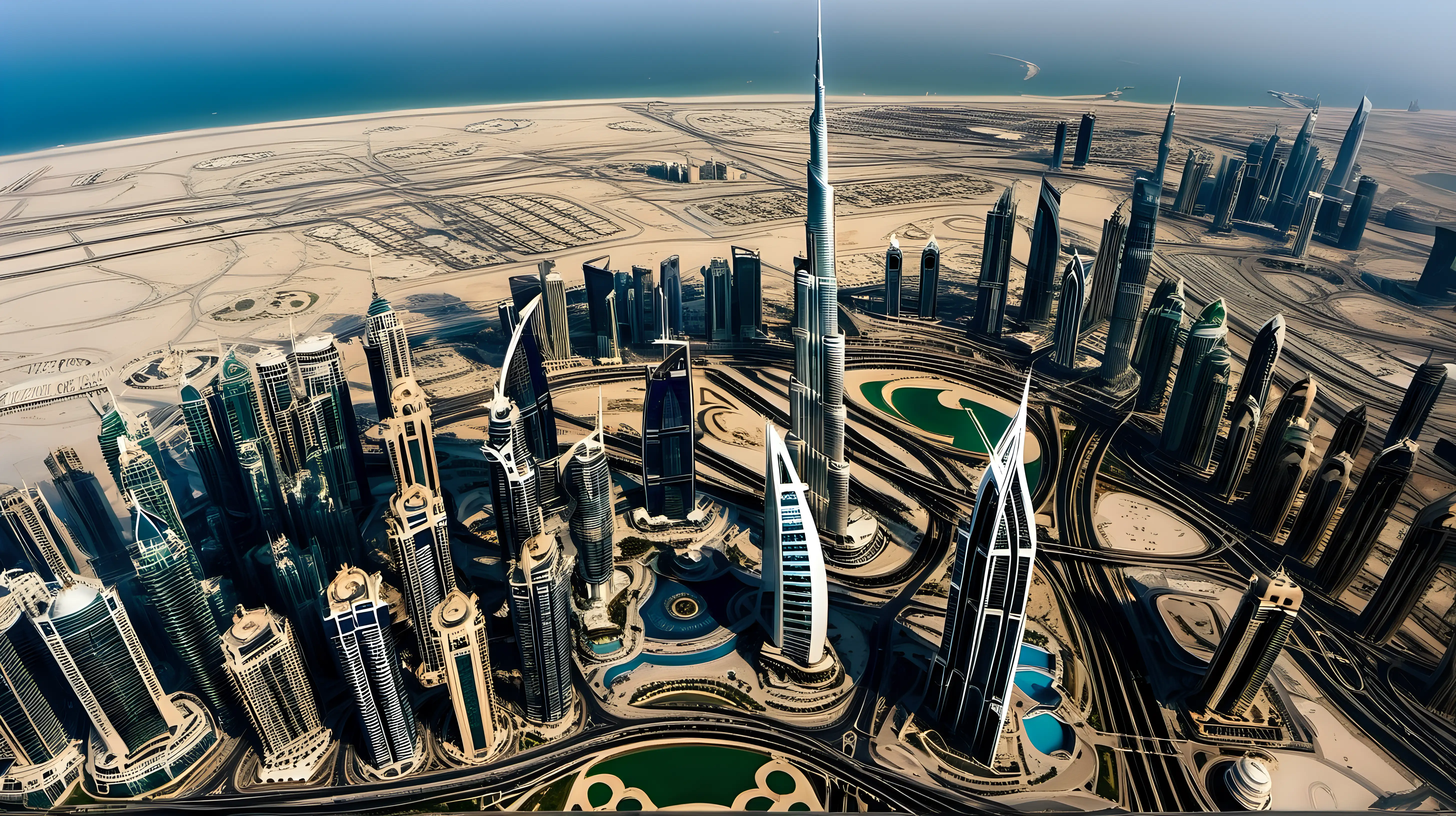 show Burj Khalifa (Dubai, UAE) at its best shape and show its beauty roylaty and greatness,a wide angle image showing Burj Khalifa (Dubai, UAE) at its peak beauty