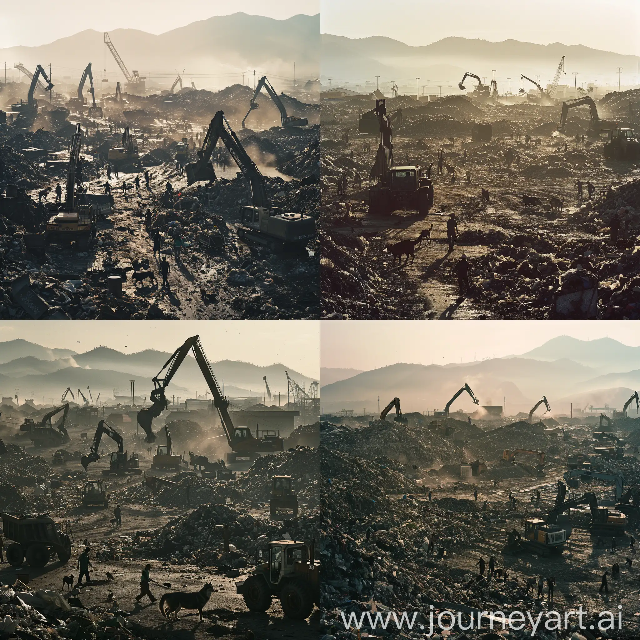 A bustling scene unfolds as a symphony of activity combines with nature's indifference. A sprawling landfill stretches across the landscape, framed by mountains in the distance. Amidst the chaos, workers toil tirelessly, their silhouettes outlined against the backdrop of towering piles of garbage. Giant machines roar to life, their mechanical arms lifting refuse with precision, captured in stunning detail by a Canon camera boasting 50 megapixels. Amidst this urban jungle, resilient creatures navigate their way, with stray cats and dogs weaving through the debris, adding a poignant touch to this surreal tableau. It's a sight both haunting and captivating, a testament to the resilience of life in the most unexpected of places.