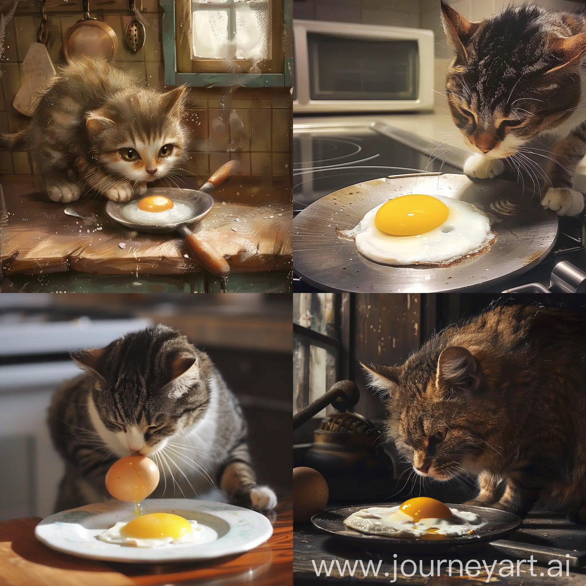 Кот, который на кухне пытается поджарить себе яичницу, но терпит неудачу.