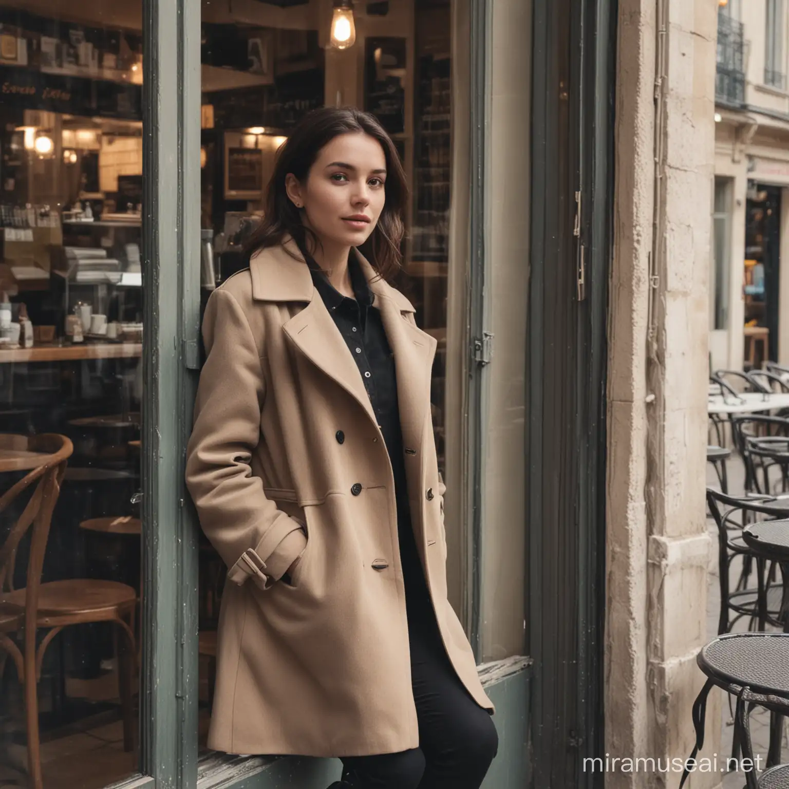  a mysterious woman sitting inside a French café, wearing a coat with her hands in her pockets, and looking out of a large window
