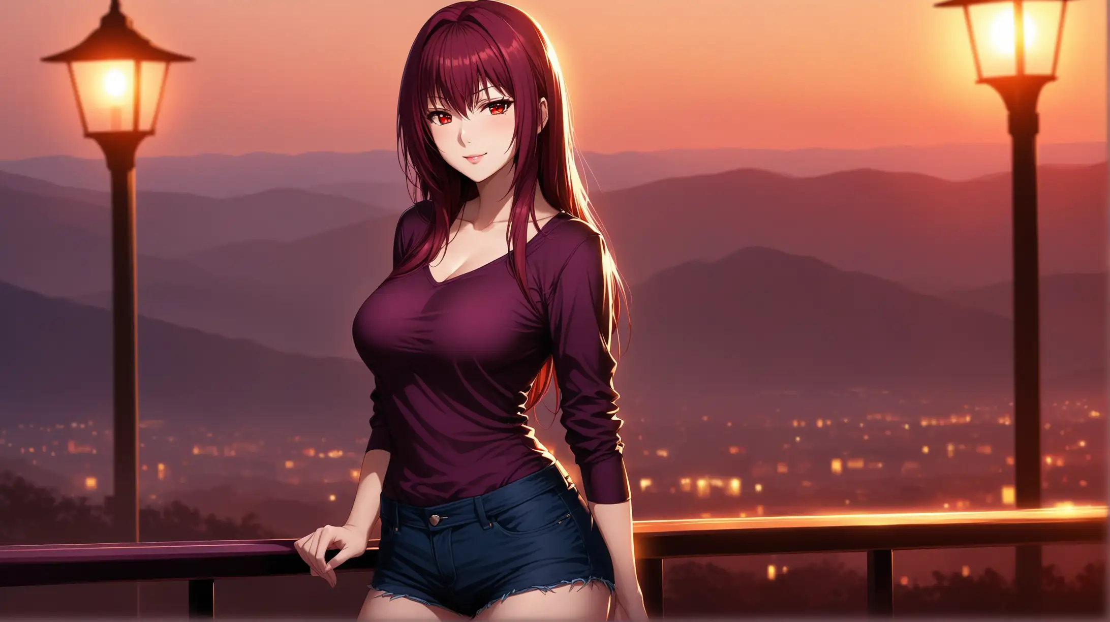 Draw the character Scathach, red eyes, high quality, ambient lighting, long shot, outdoors, seductive pose, wearing a casual outfit, smiling at the viewer