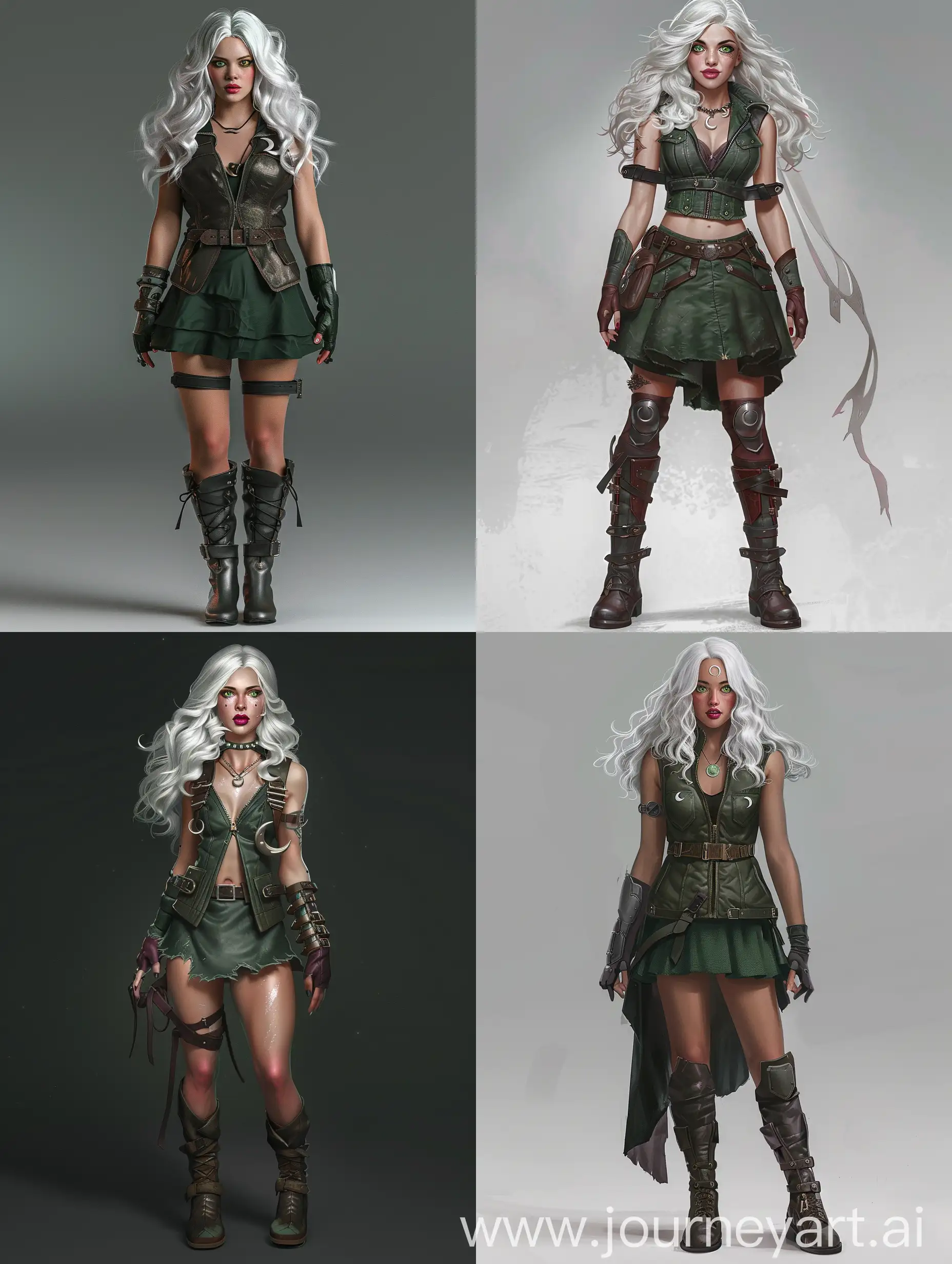 Female lunar sorceress, silver white midlength wavy hair,falling on her shoulders,
light green eyes with crescent moons in her pupils, Plump raspberry-cloroured lips,
Curvy figure, She's dressed in leather hight boots and a dark green dress, protective vest and fingerless gloves