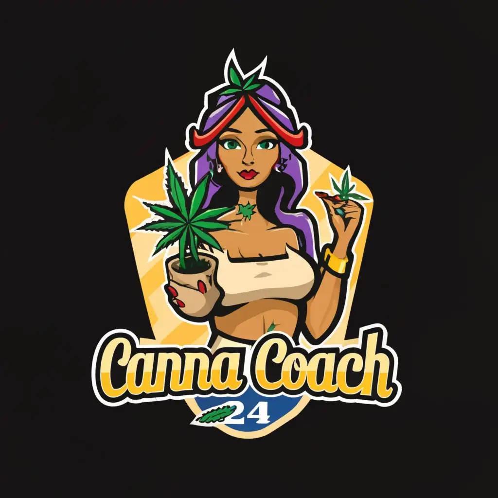 a logo design,with the text "Canna
Coach24
", main symbol:a busty woman is holding a big and fat  cannabis plant in its flower with thick, sticky buds in a clay pot.,complex,clear background