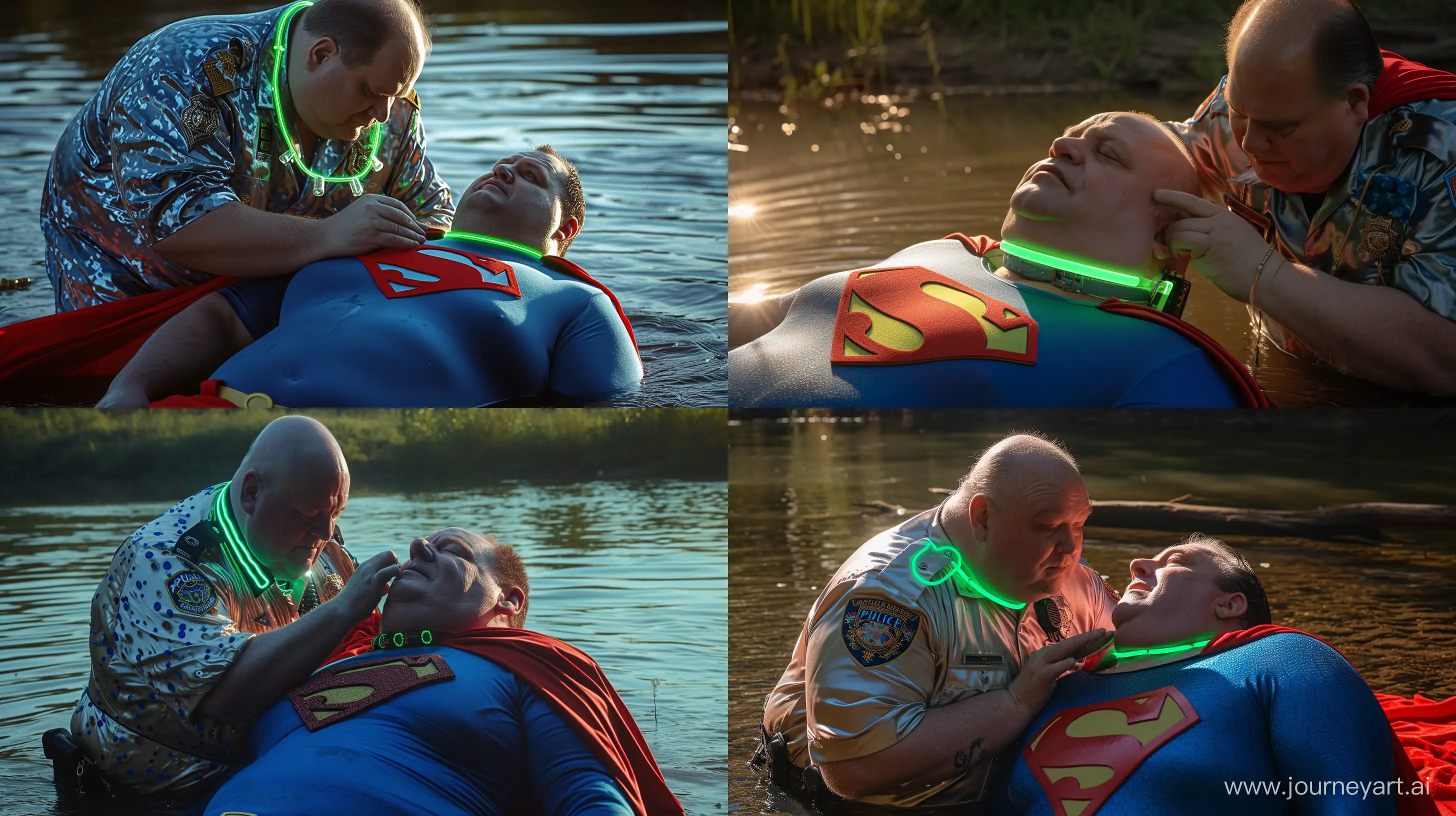 Close-up photo of a fat man aged 60 wearing silk police uniform. Bending and putting a tight green glowing neon dog collar on the nape of a fat man aged 60 wearing a tight blue 1978 superman costume with a red cape lying in the water. Natural Light. River. --style raw --ar 16:9