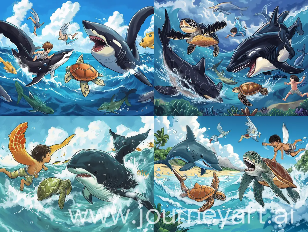 In cartoon style, a turtle being chased by a shark, and the shark is being chased by a dolphin, and the dolphin is being chased by a killer whale, and the killer whale is being chased by a five year old boy with wings