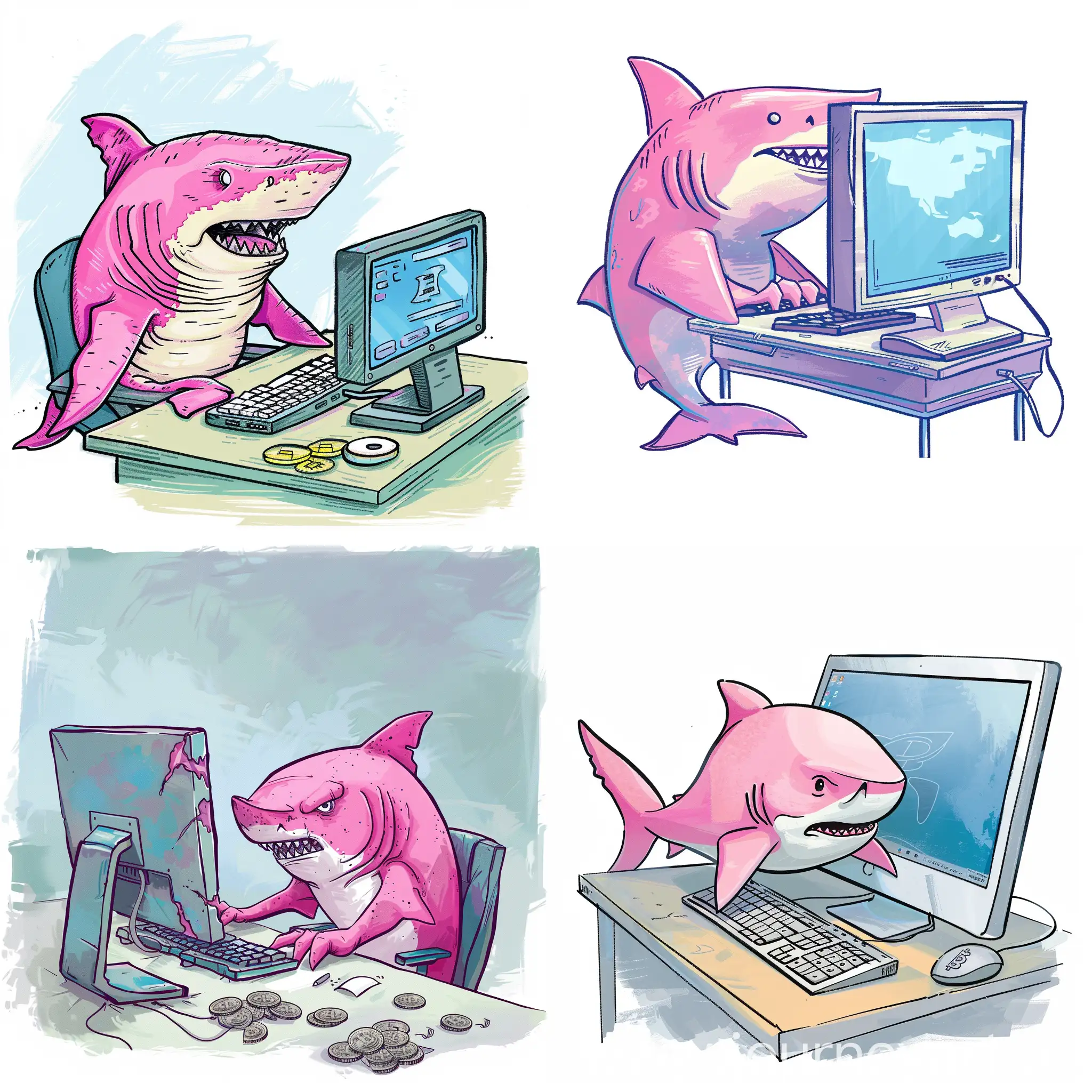 Розовая акула сидит за компьютером и занимается криптовалютой
