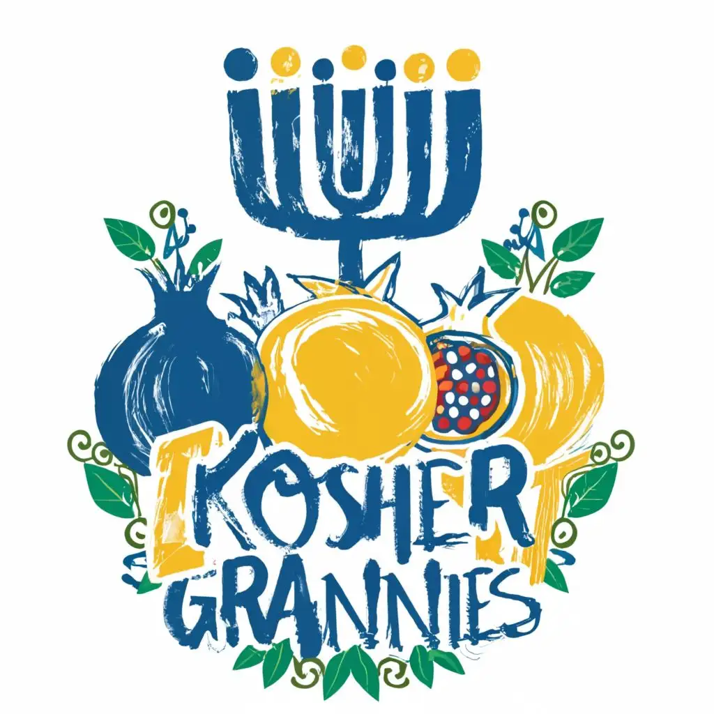 logo, Israel, yellow, blue, white, green, Menorah, Paul Klee, pomegranate, star of David, Jerusalem, with the text "Kosher Grannies", typography, be used in the automotive industry
