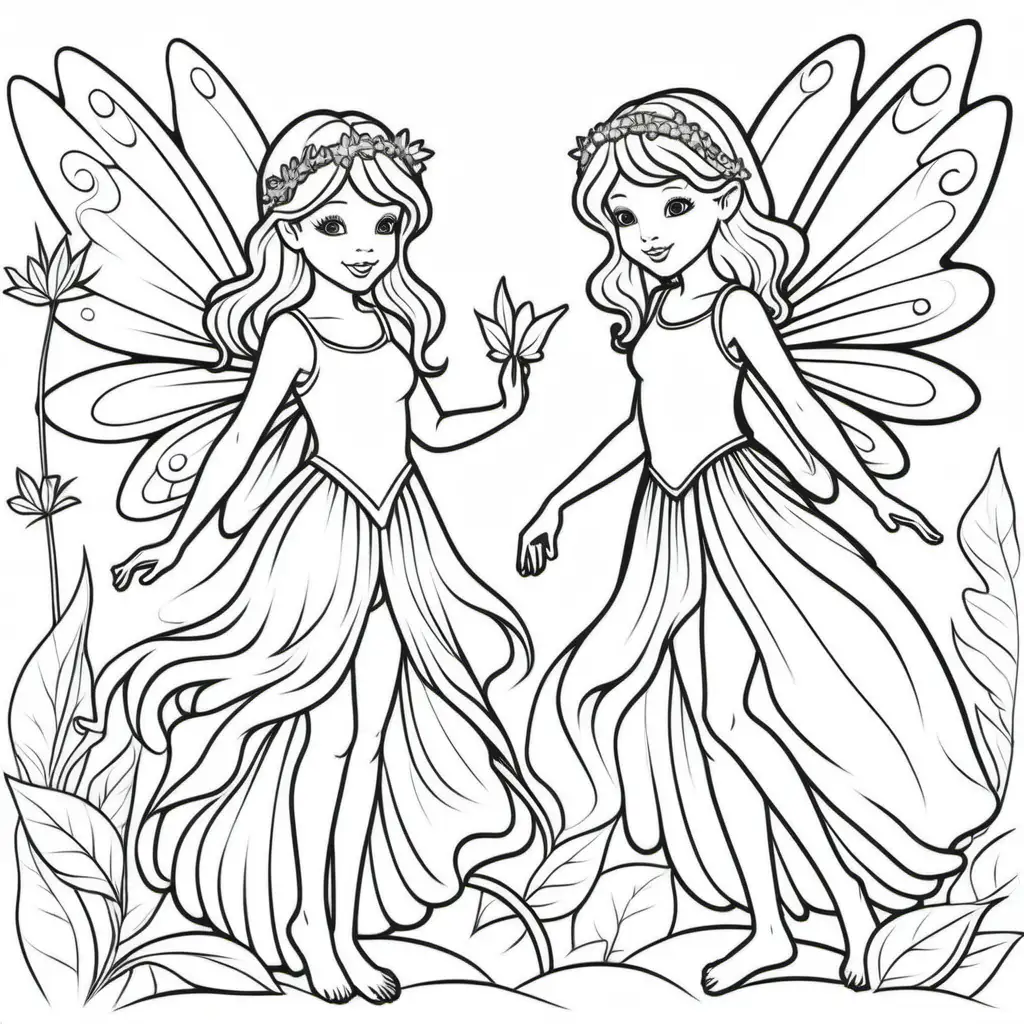 coloring page for kids, fairies, thick lines, low detail, no shading, 