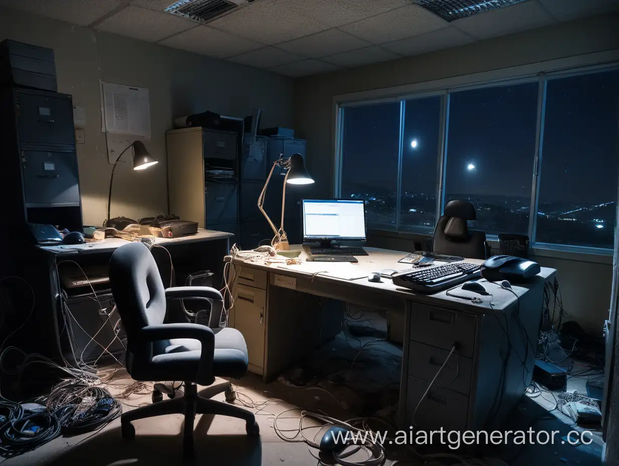 A small abandoned and dusty office with a lot of wires on the ground, a table, a chair, and 1 computer on the table at night. (multiple views), (high quality)