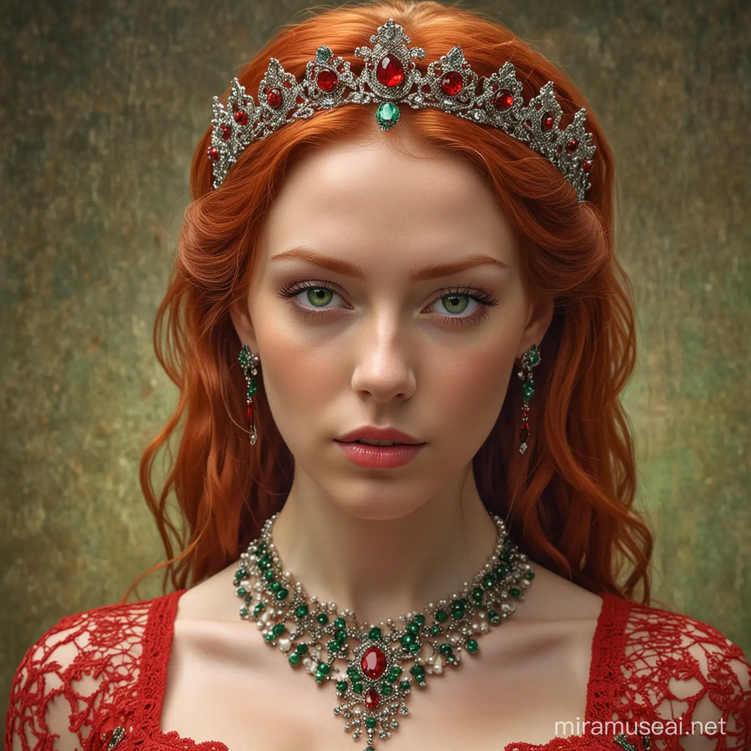 Gorgeous redhead woman, jeweled crown, adorned with beautiful red jewelry, porcelain skin, green eyes round like marbles, red lace dress, red hair, elaborately tied, ultra realistic, vivid colors in medium close-up, strong focus in symmetry, divine proportion, high quality, HDR.