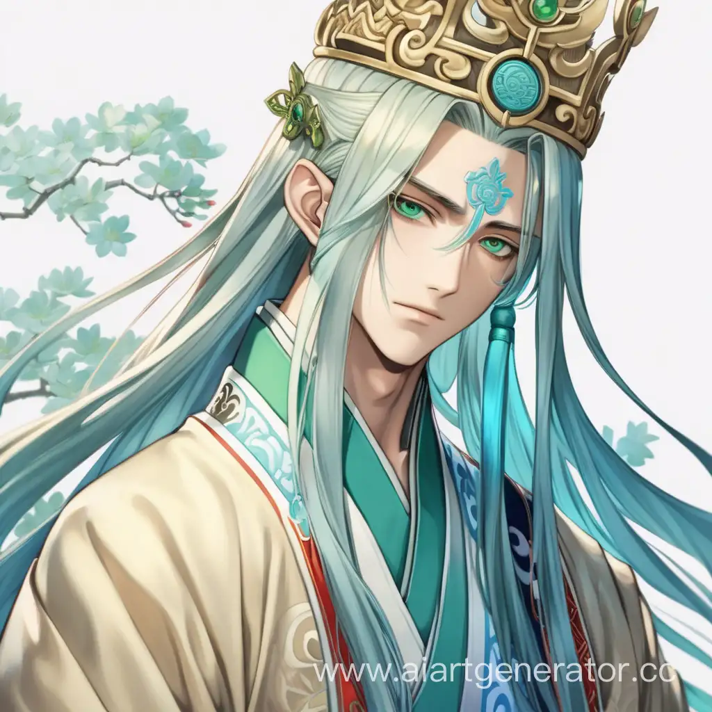 Молодой парень, длинные волосы, волосы цвета бежевый, есть на голове корона, цвет глаз зелёный, есть маска на пол лица, одеть в китайскую традиционныю одежду цвет светло голубой, аниме, красивый